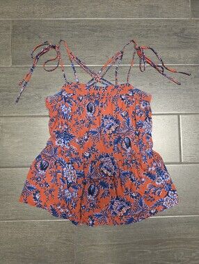 LOFT Patriotic Red White Blue Floral Criss Cross Peplum Tank Top Cami